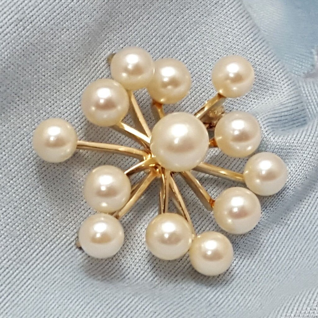 Beautiful 14k Karat Solid Yellow Gold Designer Natural Pearls Brooch